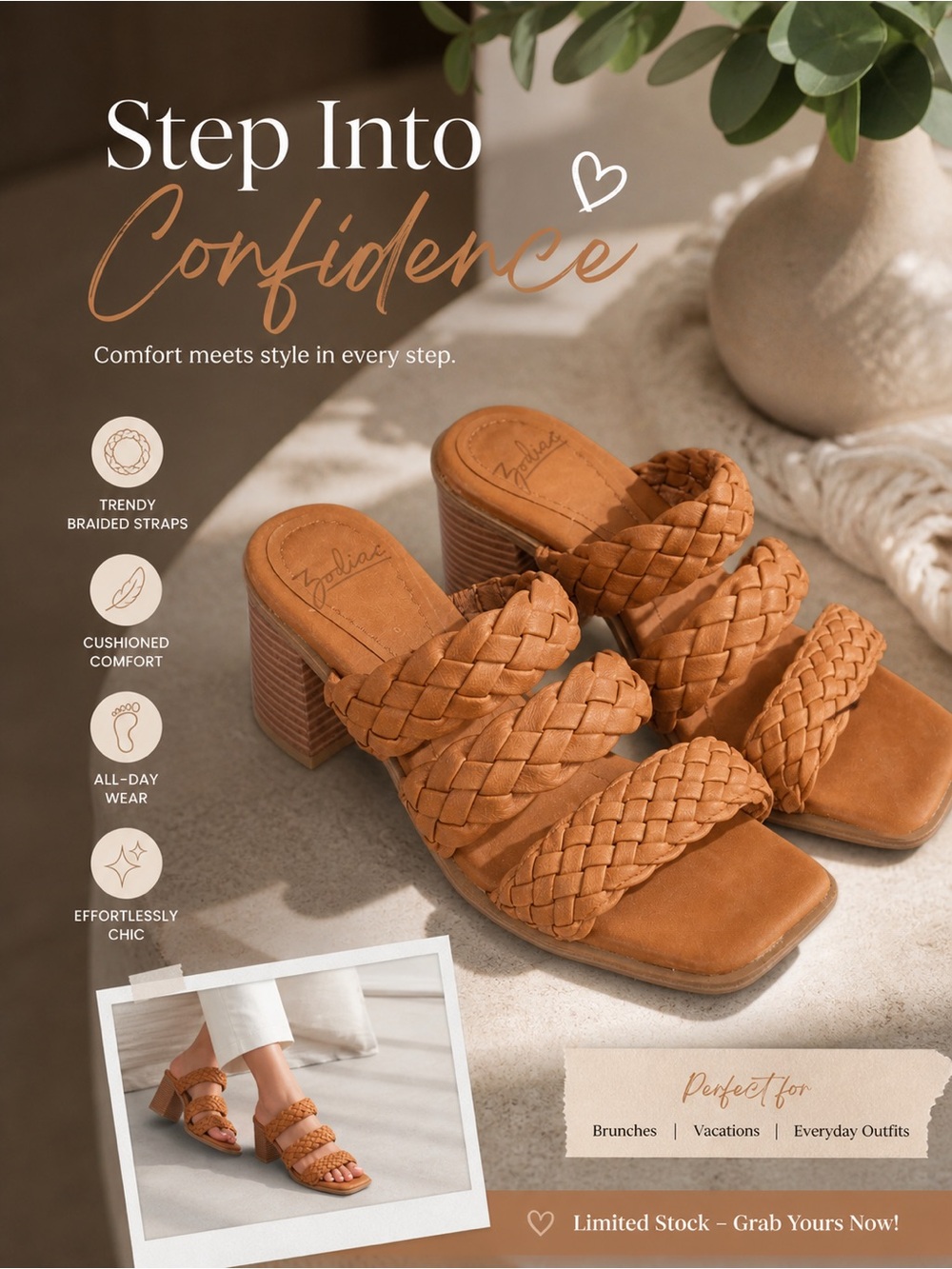 Zodiac Braided Strap Block Heel Sandals - Brown